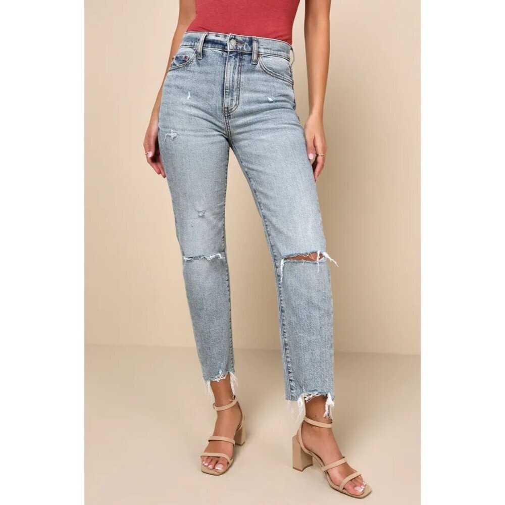 Daze Distressed High-Waisted Blue Denim Jeans With Raw Hem & Ripped Knees 24 wom